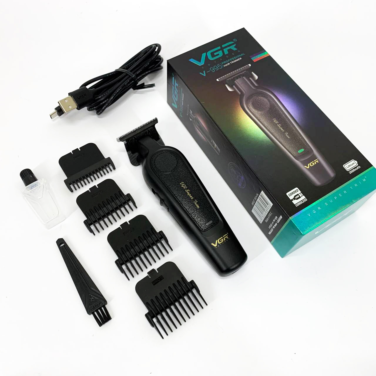 Аккумуляторная машинка для стрижки VGR V-995 + 4 насадки, 2000 мАч, USB
