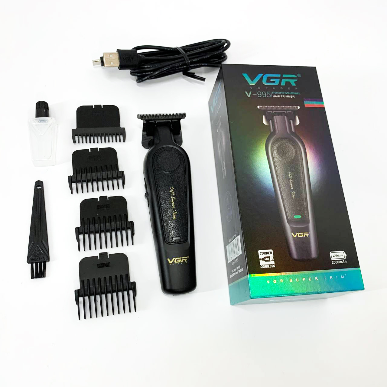 Аккумуляторная машинка для стрижки VGR V-995 + 4 насадки, 2000 мАч, USB
