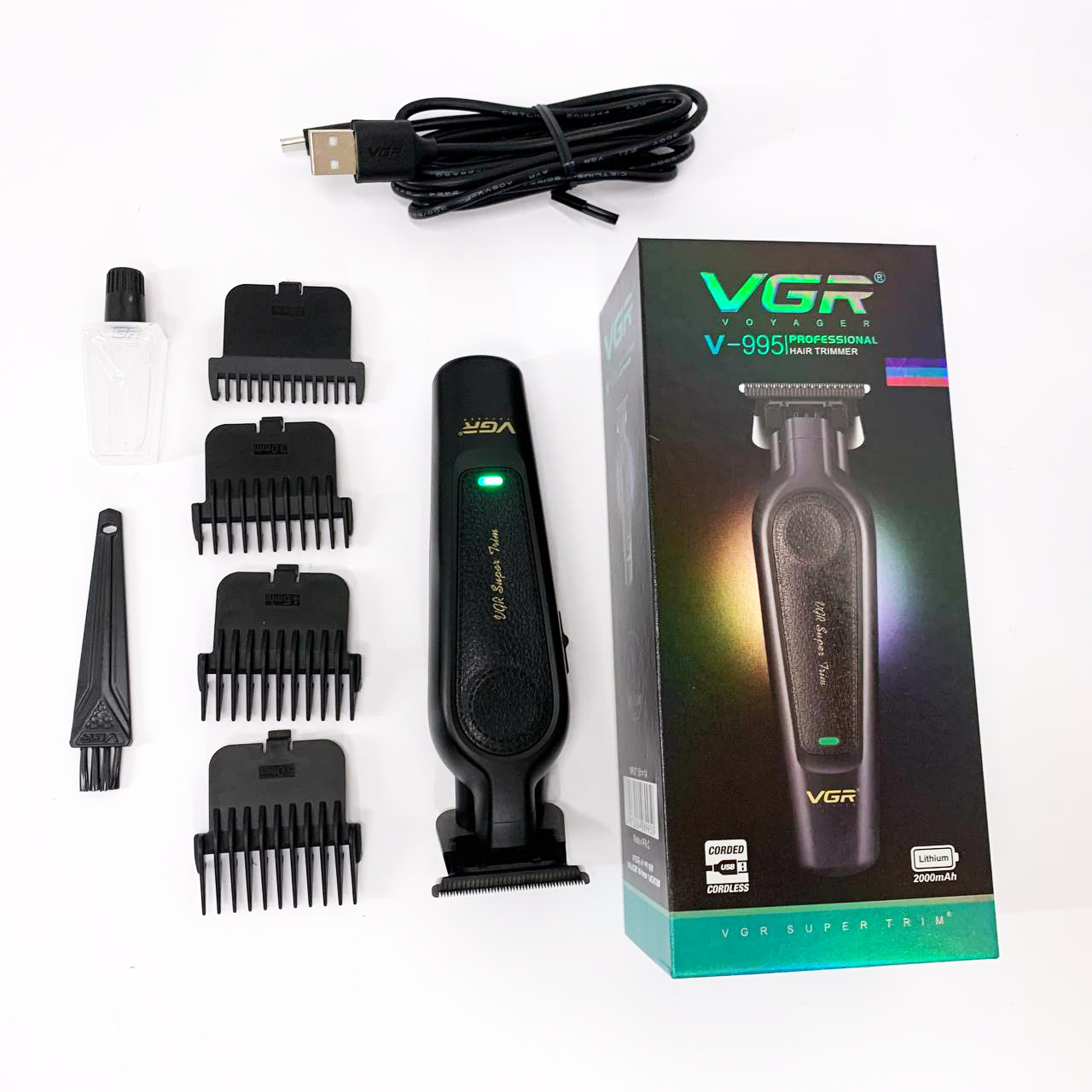 Аккумуляторная машинка для стрижки VGR V-995 + 4 насадки, 2000 мАч, USB