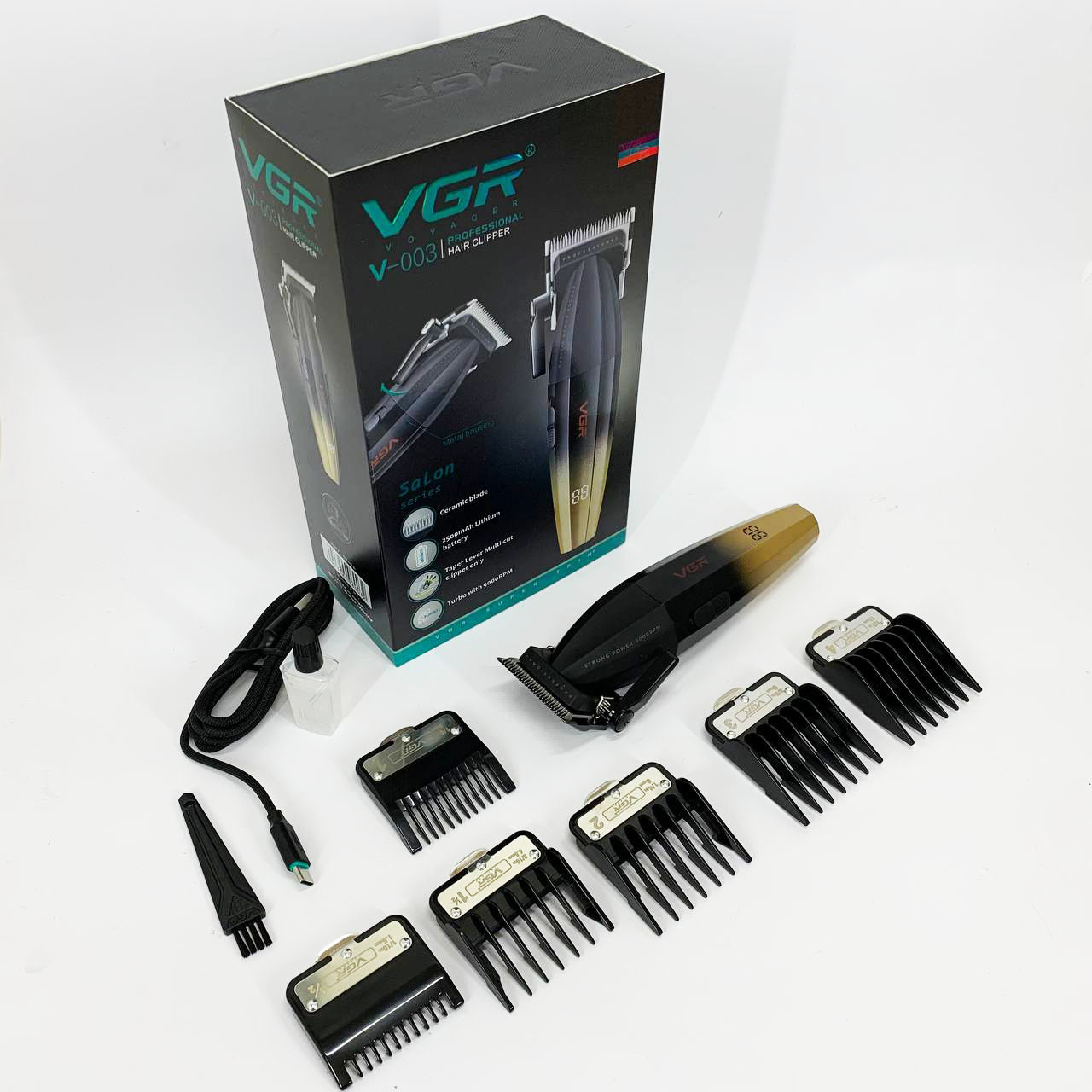 Машинка для стрижки волос аккумуляторная Professional Turbo с разными насадками VGR V-003. Цвет: желтый