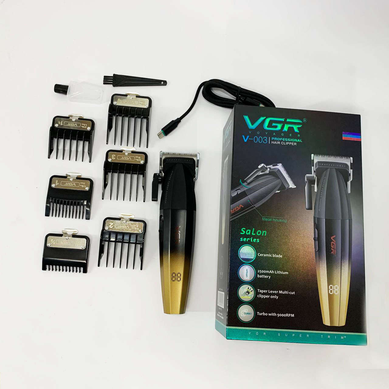 Машинка для стрижки волос аккумуляторная Professional Turbo с разными насадками VGR V-003. Цвет: желтый