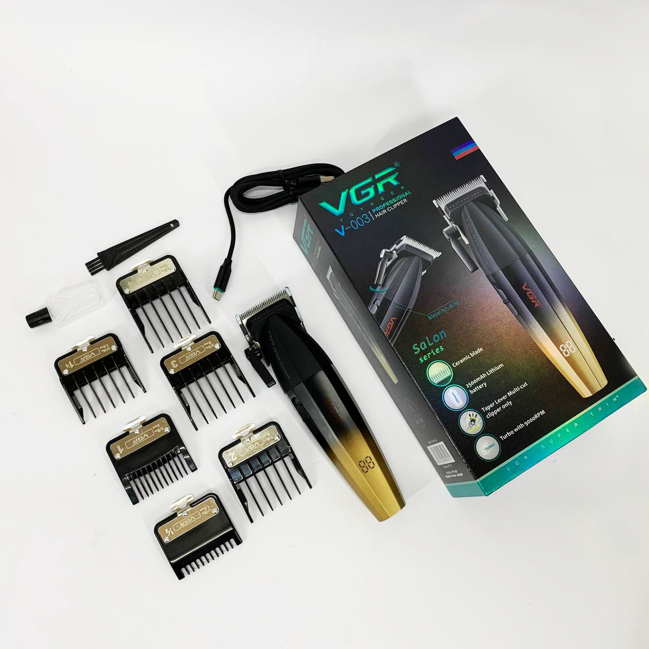 Машинка для стрижки волос аккумуляторная Professional Turbo с разными насадками VGR V-003. Цвет: желтый