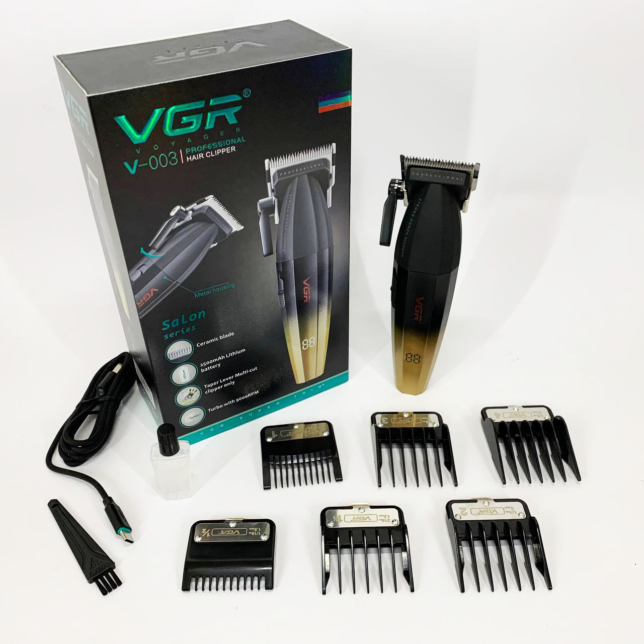 Машинка для стрижки волос аккумуляторная Professional Turbo с разными насадками VGR V-003. Цвет: желтый