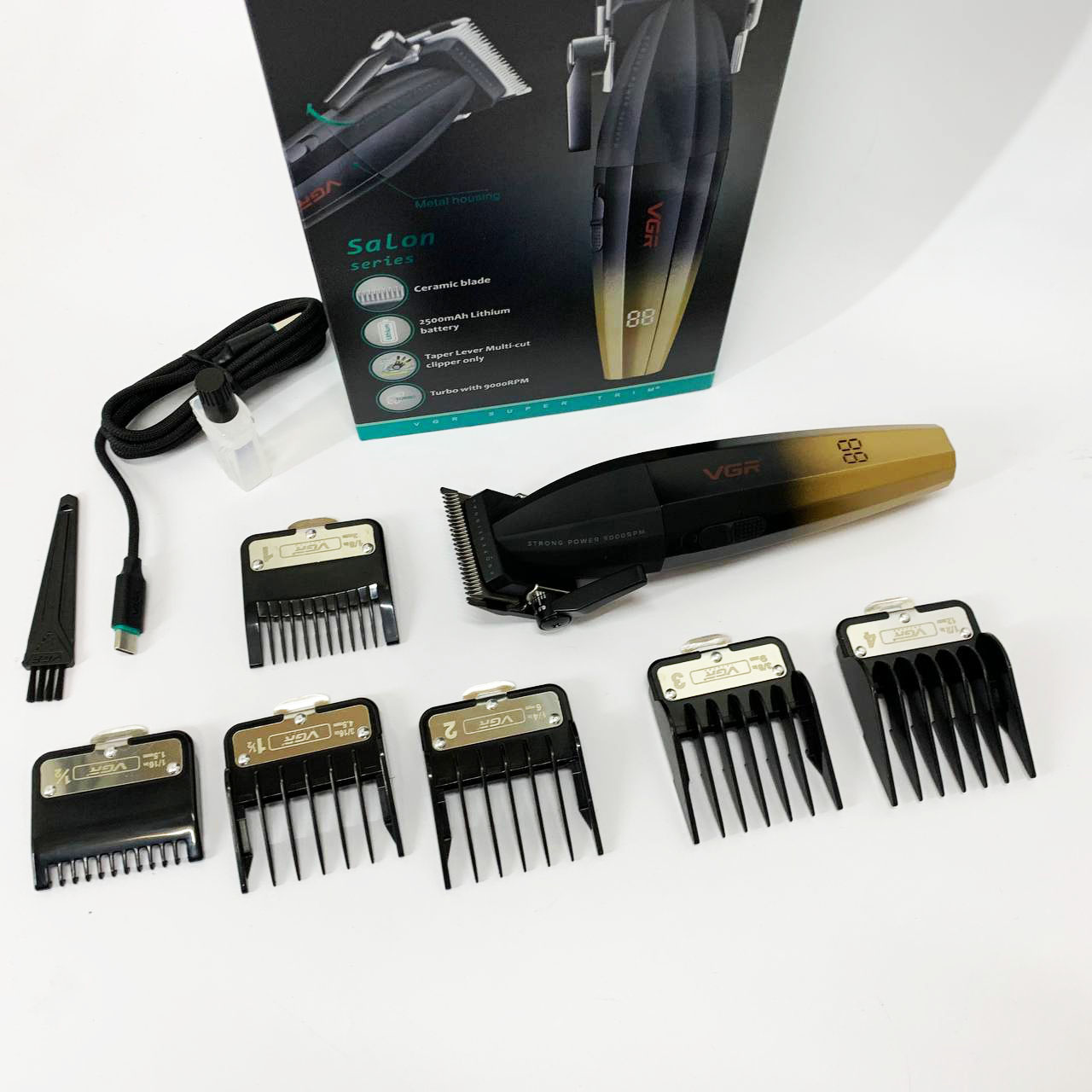 Машинка для стрижки волос аккумуляторная Professional Turbo с разными насадками VGR V-003. Цвет: желтый