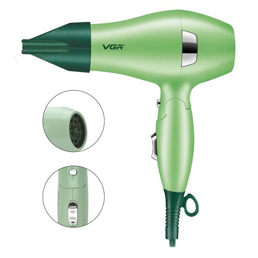 Фен для волос дорожный VGR V-432 GREEN, с концентратором 1000 Вт, ионизация и 2 режима. Цвет: зеленый