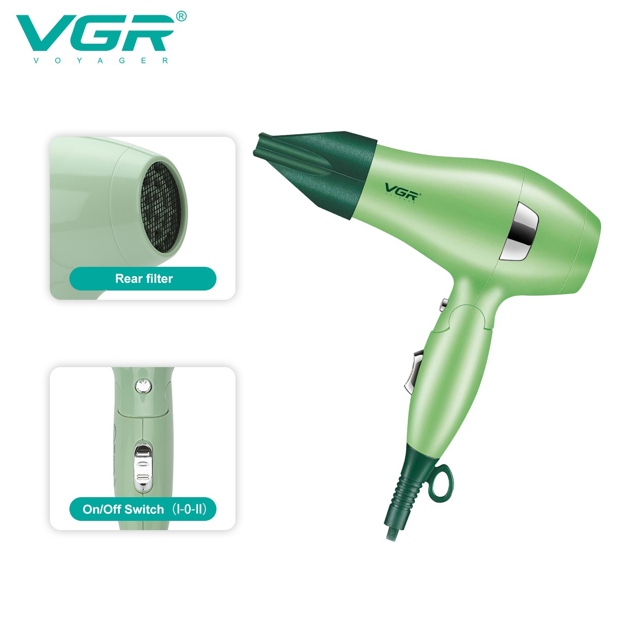 Фен для волос дорожный VGR V-432 GREEN, с концентратором 1000 Вт, ионизация и 2 режима. Цвет: зеленый
