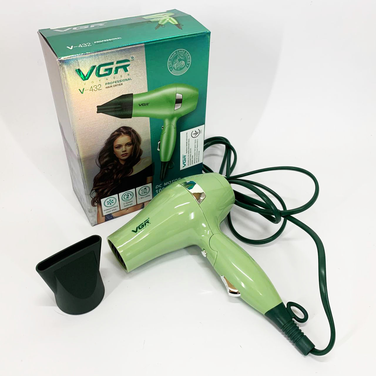 Фен для волос дорожный VGR V-432 GREEN, с концентратором 1000 Вт, ионизация и 2 режима. Цвет: зеленый