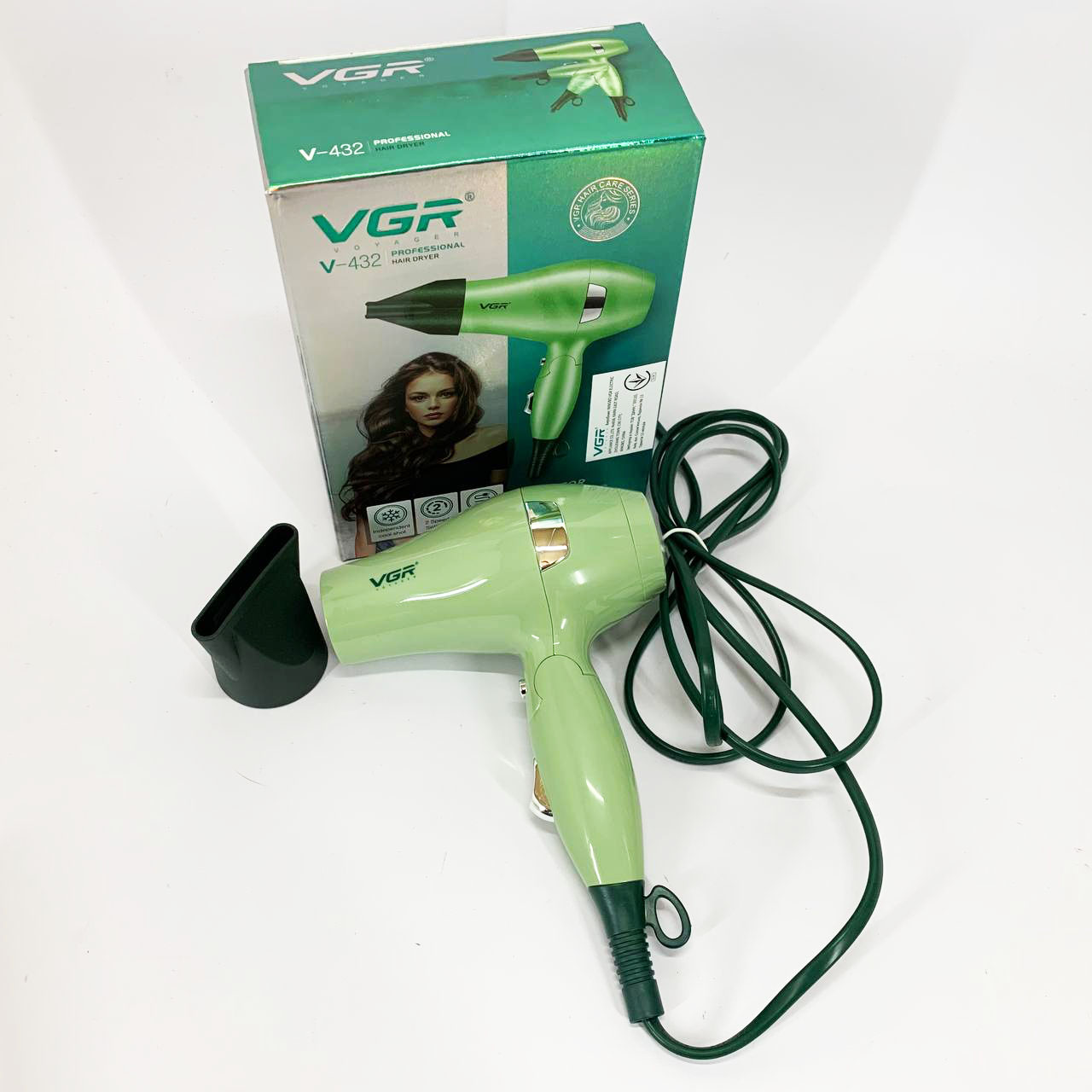 Фен для волос дорожный VGR V-432 GREEN, с концентратором 1000 Вт, ионизация и 2 режима. Цвет: зеленый