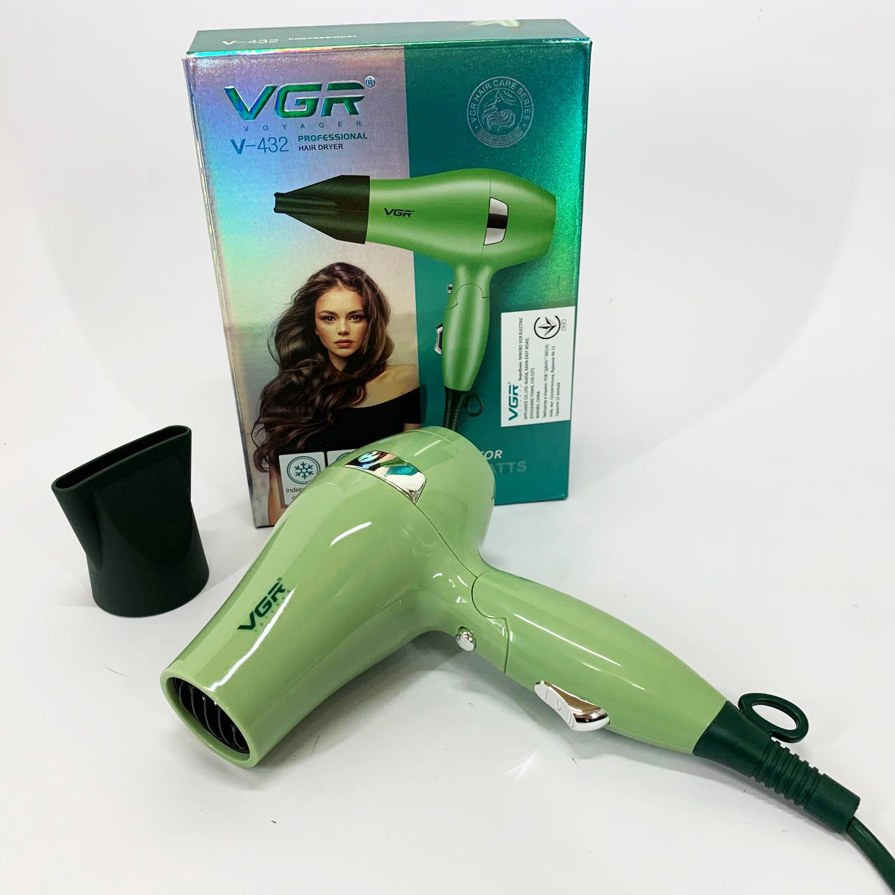 Фен для волос дорожный VGR V-432 GREEN, с концентратором 1000 Вт, ионизация и 2 режима. Цвет: зеленый