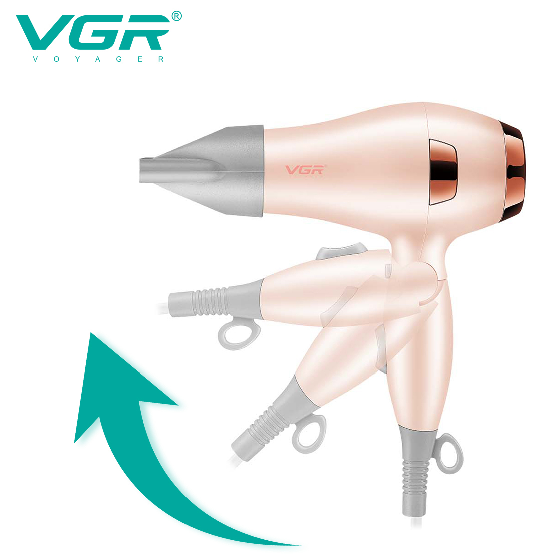 Фен для волос дорожный VGR V-432 PINK, с концентратором 1000 Вт, ионизация и 2 режима. Цвет: розовый