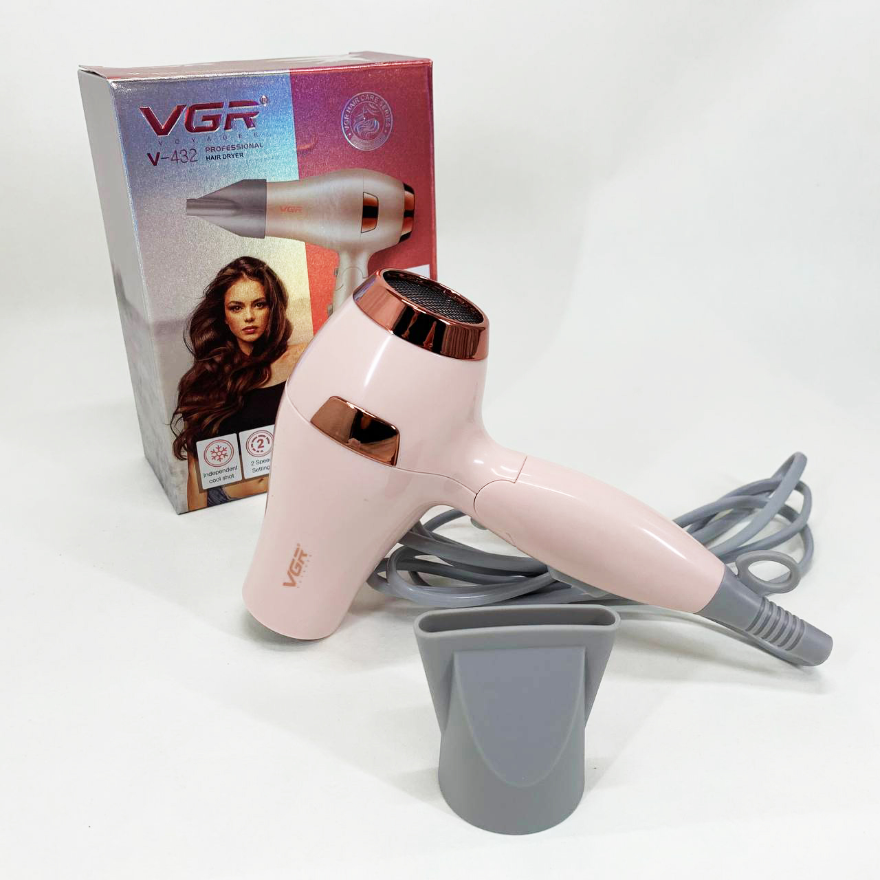 Фен для волос дорожный VGR V-432 PINK, с концентратором 1000 Вт, ионизация и 2 режима. Цвет: розовый
