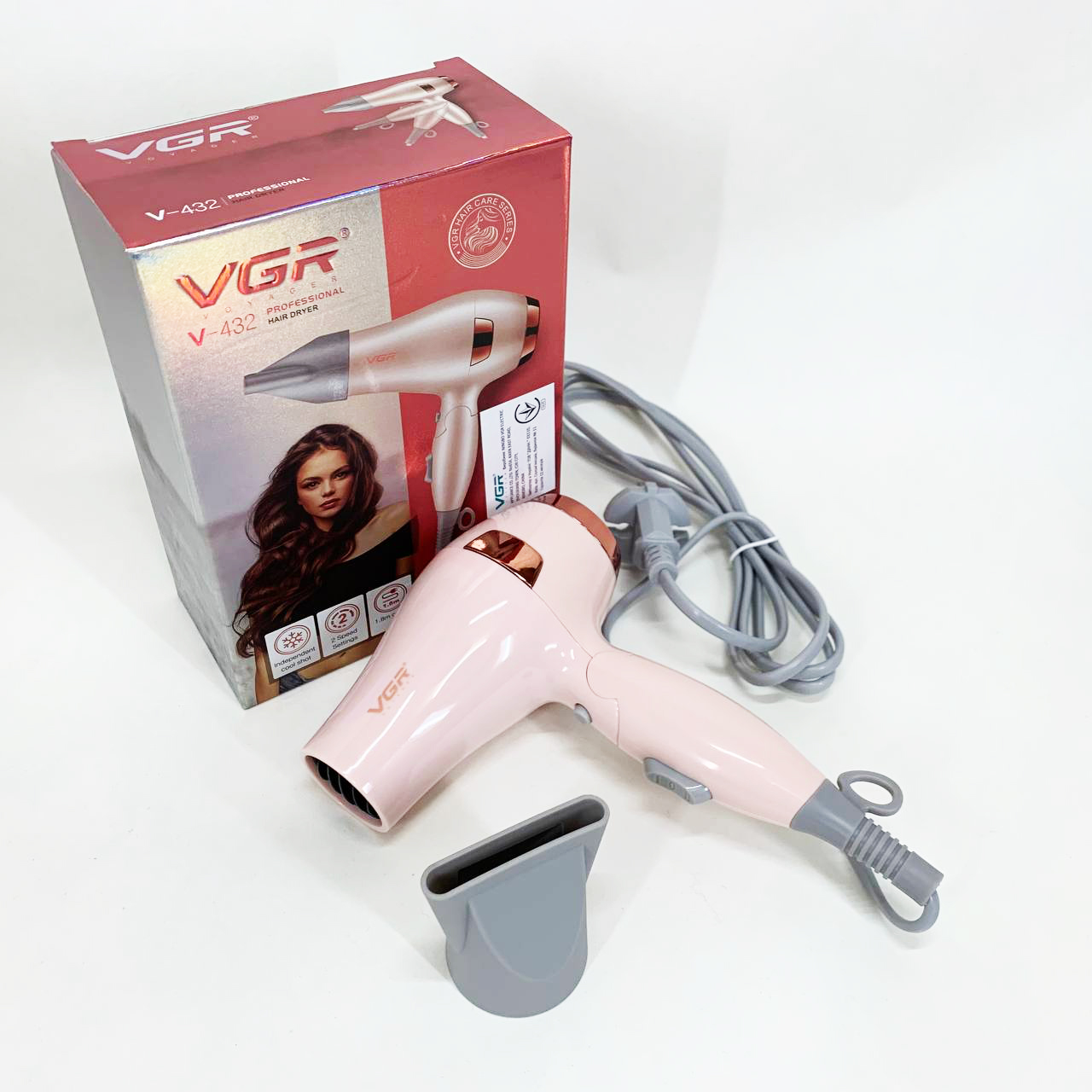 Фен для волос дорожный VGR V-432 PINK, с концентратором 1000 Вт, ионизация и 2 режима. Цвет: розовый