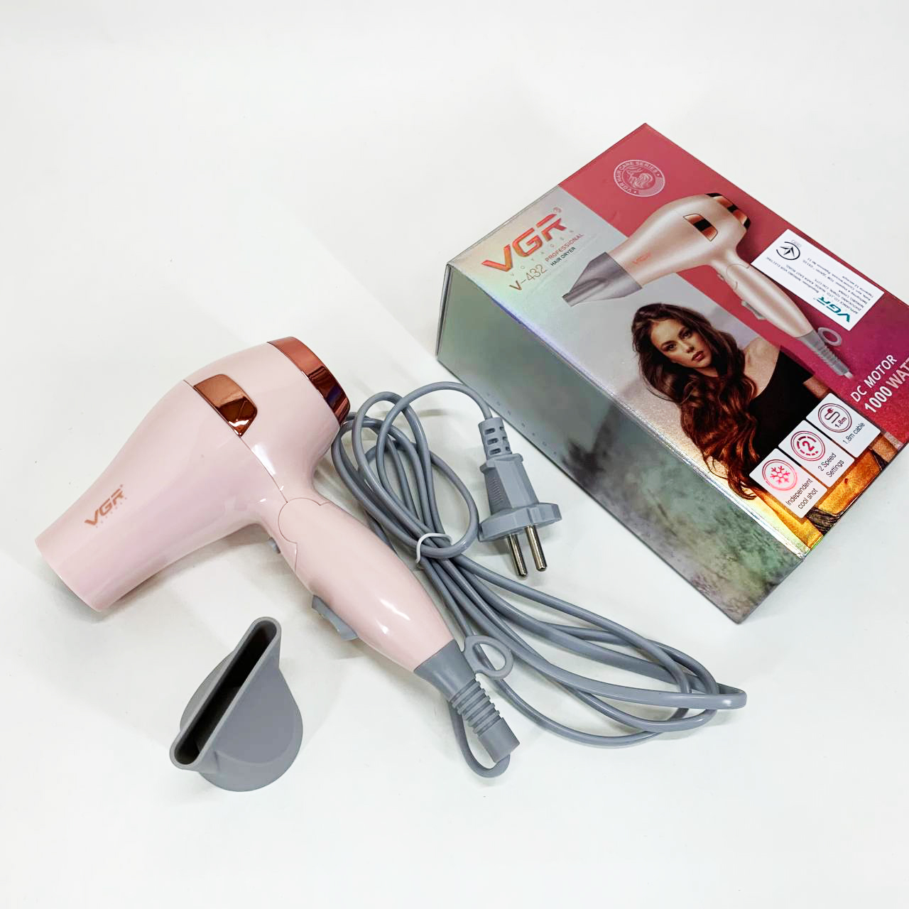 Фен для волос дорожный VGR V-432 PINK, с концентратором 1000 Вт, ионизация и 2 режима. Цвет: розовый