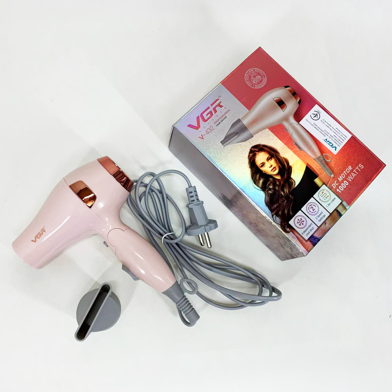 Фен для волос дорожный VGR V-432 PINK, с концентратором 1000 Вт, ионизация и 2 режима. Цвет: розовый
