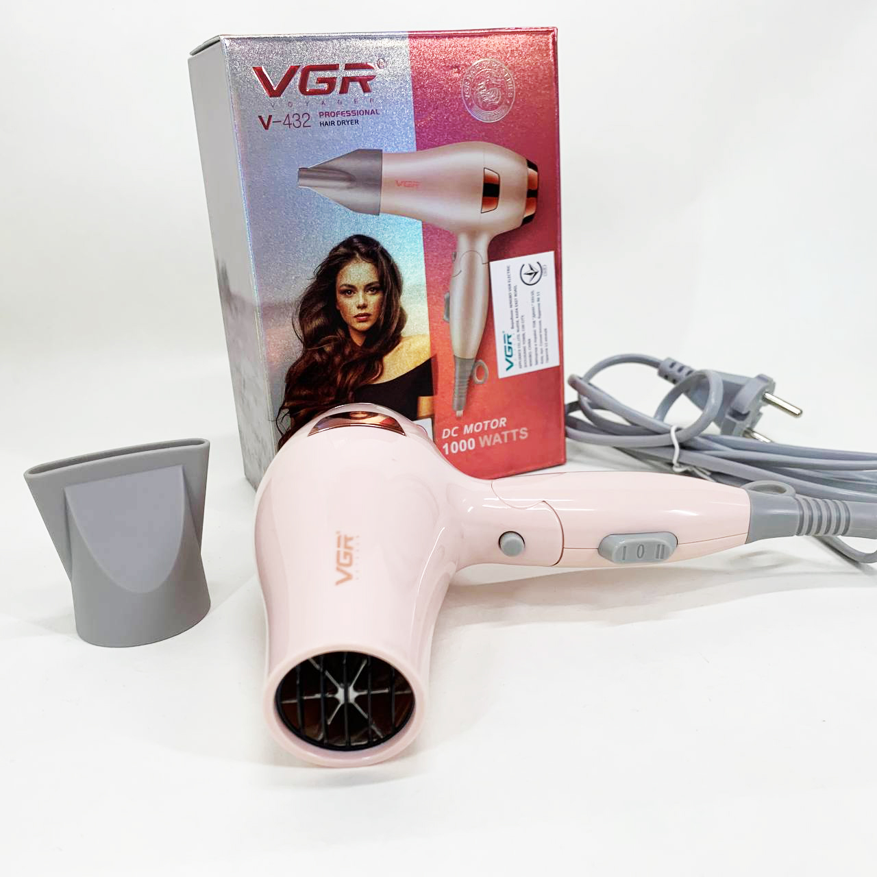 Фен для волос дорожный VGR V-432 PINK, с концентратором 1000 Вт, ионизация и 2 режима. Цвет: розовый