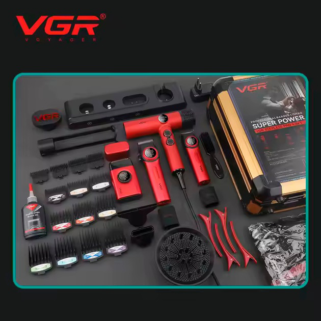 Набор VGR STEPLERSS RPO 4 IN 1 RED, машинка для стрижки, триммер, электробритва, фен