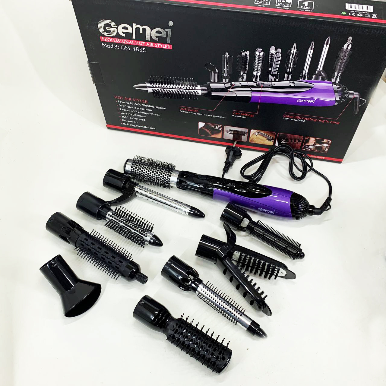 Фен - щетка стайлер Gemei GM-4835 многофункциональный набор с насадками для волос 10 в 1. Цвет: фиолет