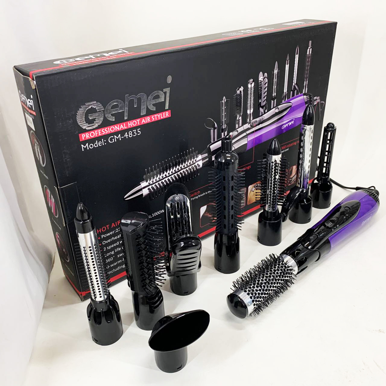 Фен - щетка стайлер Gemei GM-4835 многофункциональный набор с насадками для волос 10 в 1. Цвет: фиолет