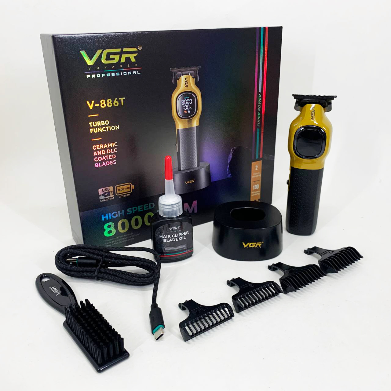 Триммер для стрижки волос VGR V-886T GOLD 8000RPM 4 насадки