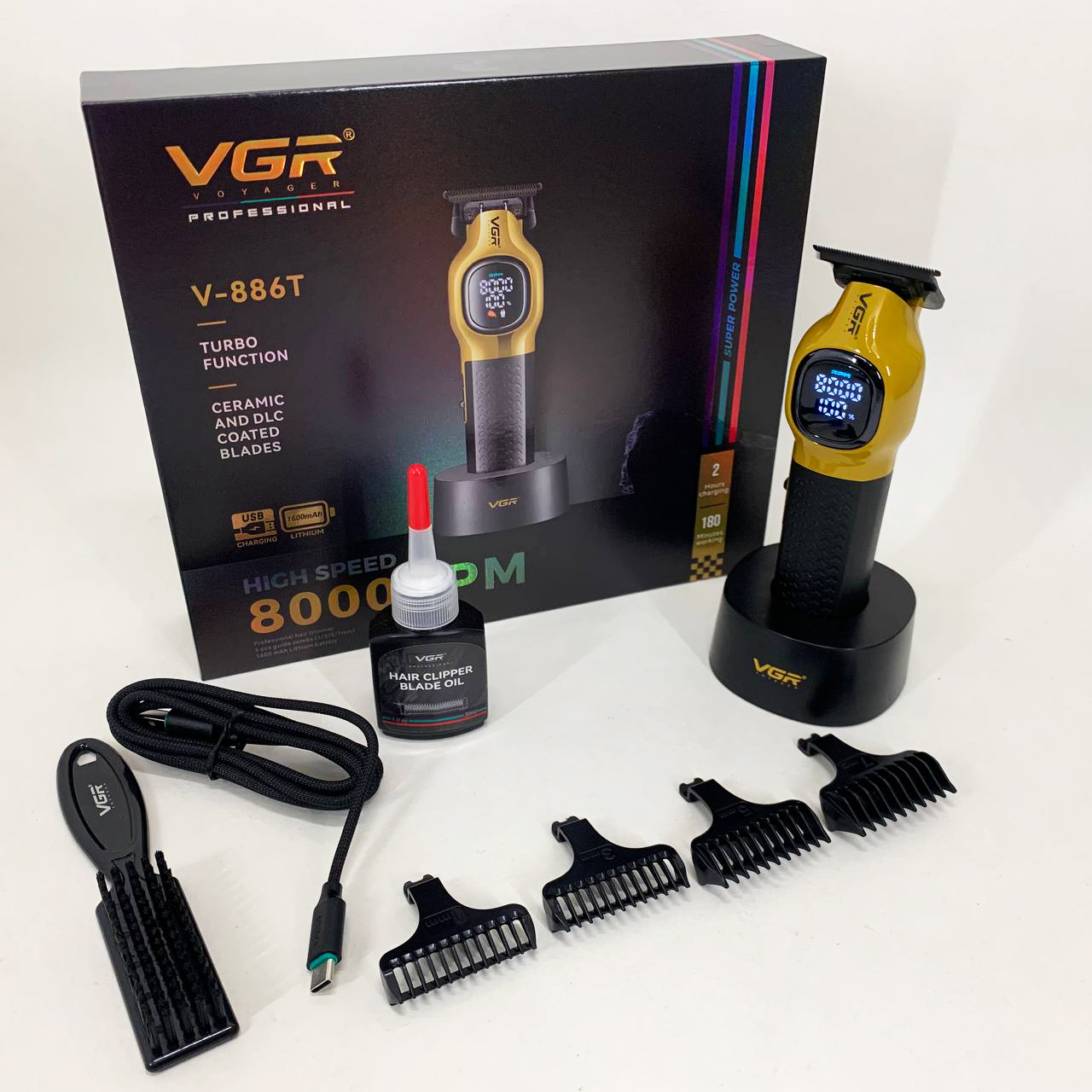 Триммер для стрижки волос VGR V-886T GOLD 8000RPM 4 насадки