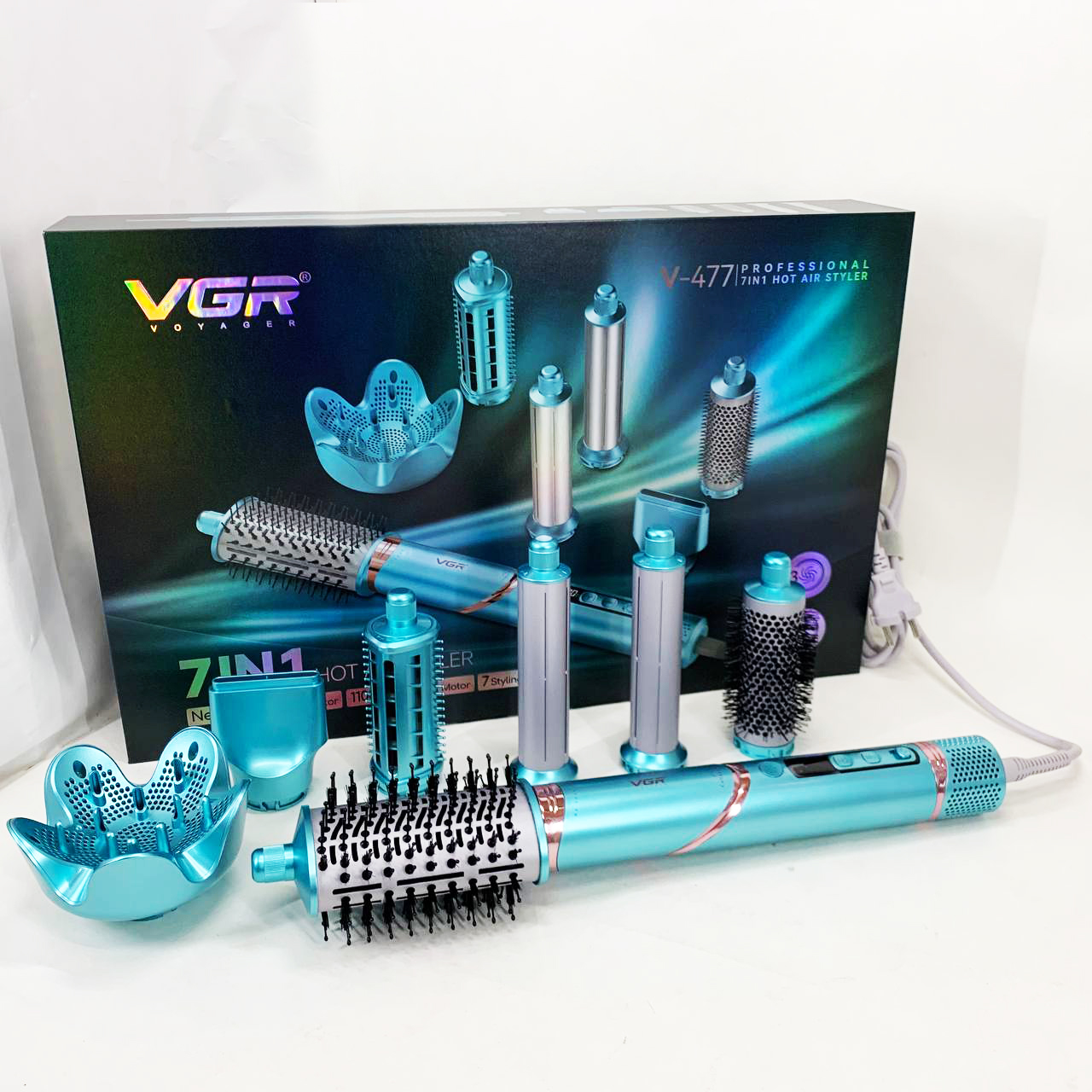 Фен-стайлер для волос 7в1 VGR V-477 Blue Professional 1400 Вт 7 насадок