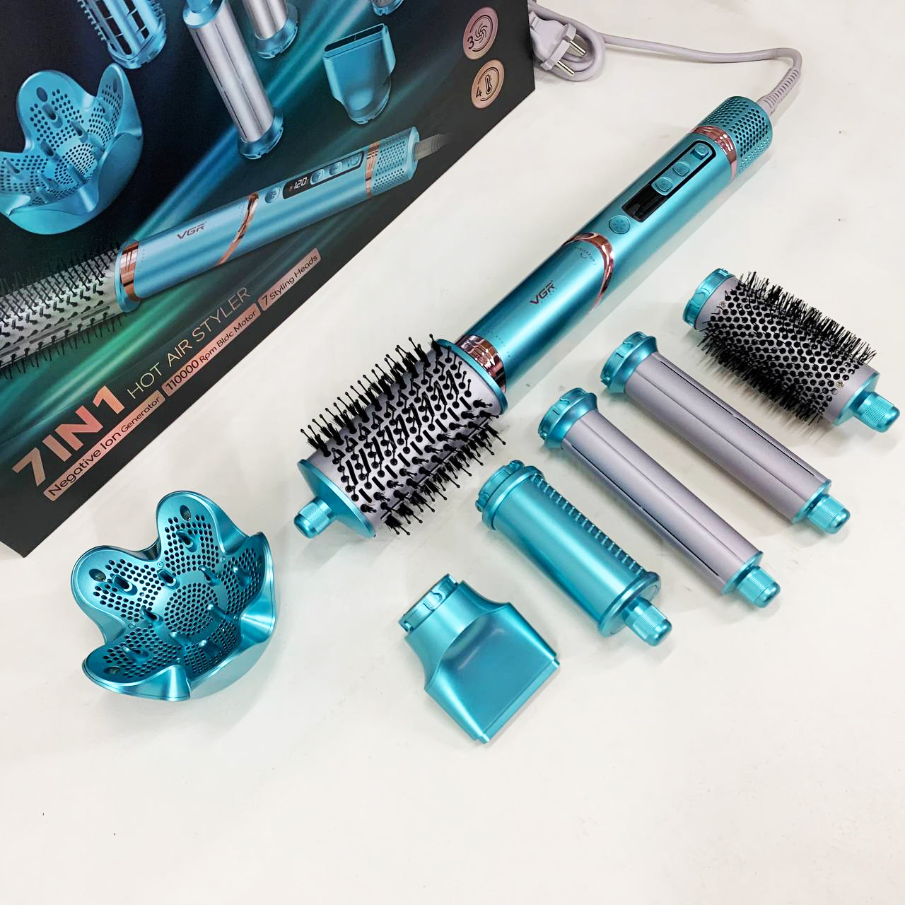 Фен-стайлер для волос 7в1 VGR V-477 Blue Professional 1400 Вт 7 насадок