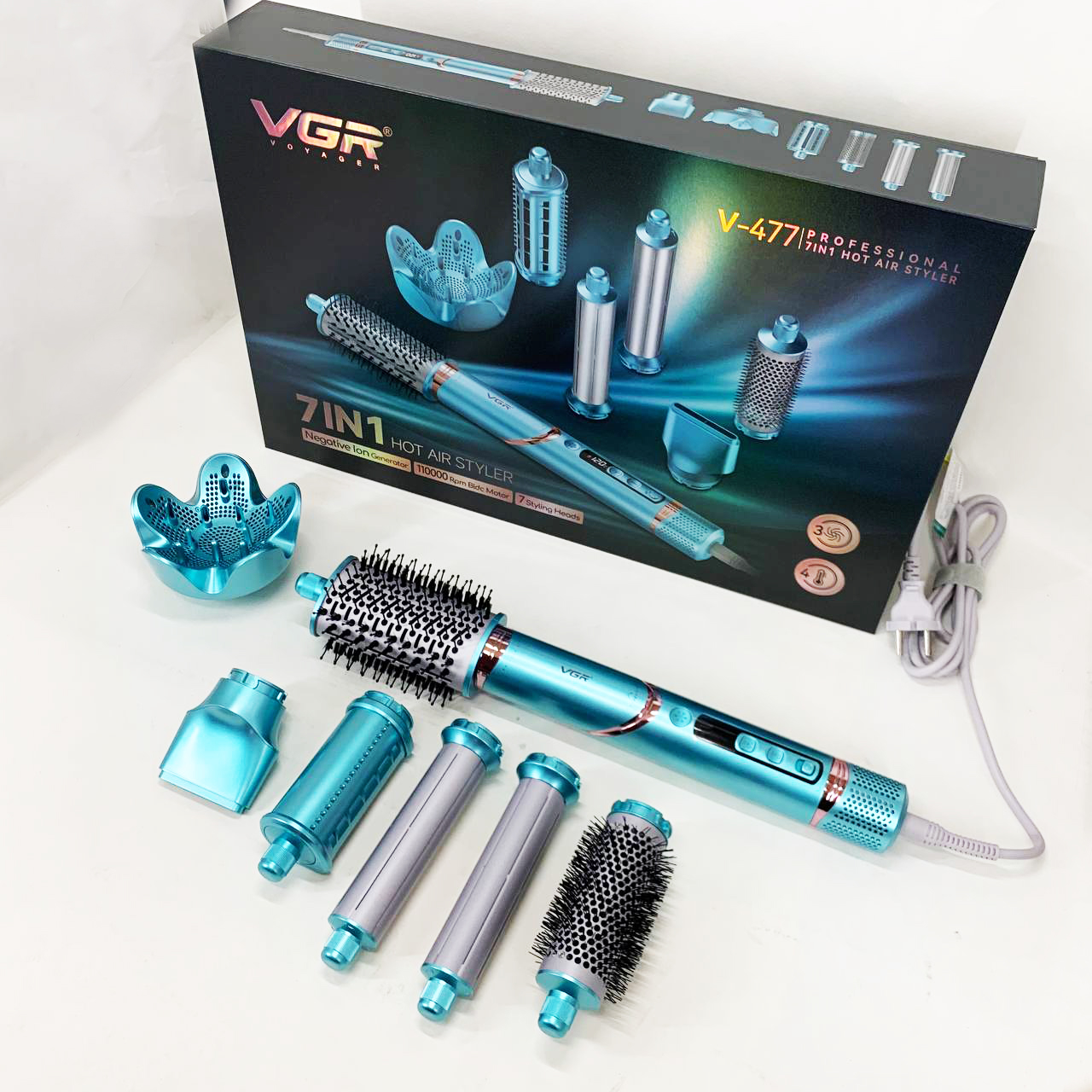 Фен-стайлер для волос 7в1 VGR V-477 Blue Professional 1400 Вт 7 насадок