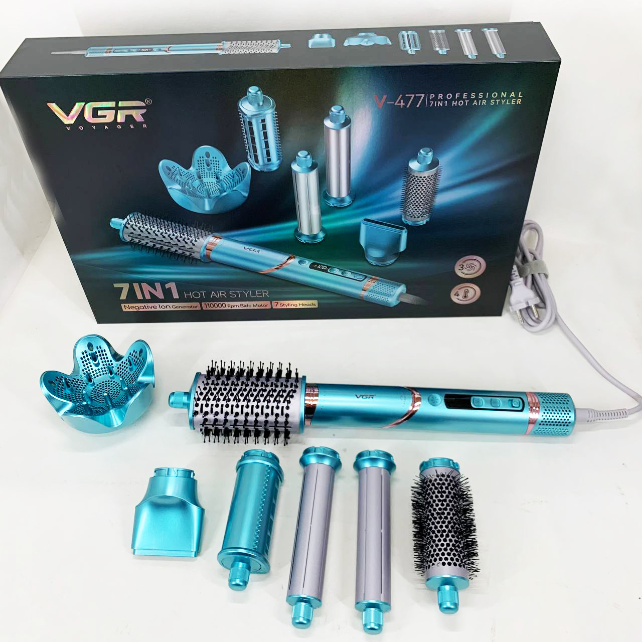 Фен-стайлер для волос 7в1 VGR V-477 Blue Professional 1400 Вт 7 насадок