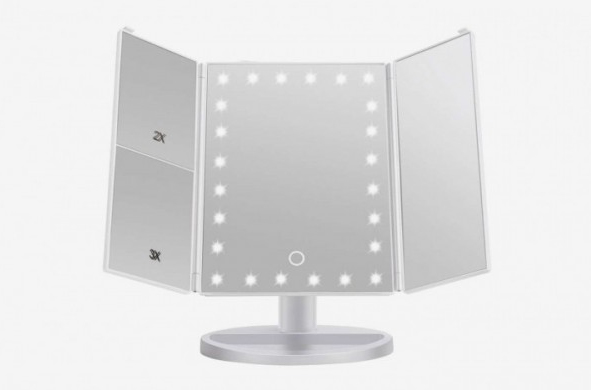 Тройное зеркало для макияжа с подсветкой, Зеркало с увеличением и подсветкой. Цвет: белый