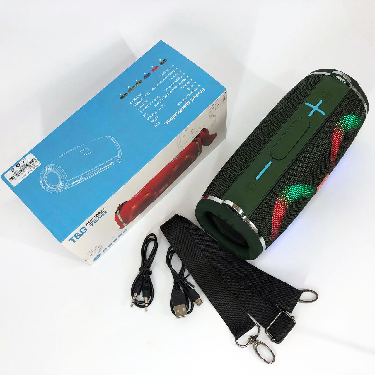 Портативная колонка TG642 с RGB подсветкой и ремешком, громкая блютуз колонка. Цвет: зеленый