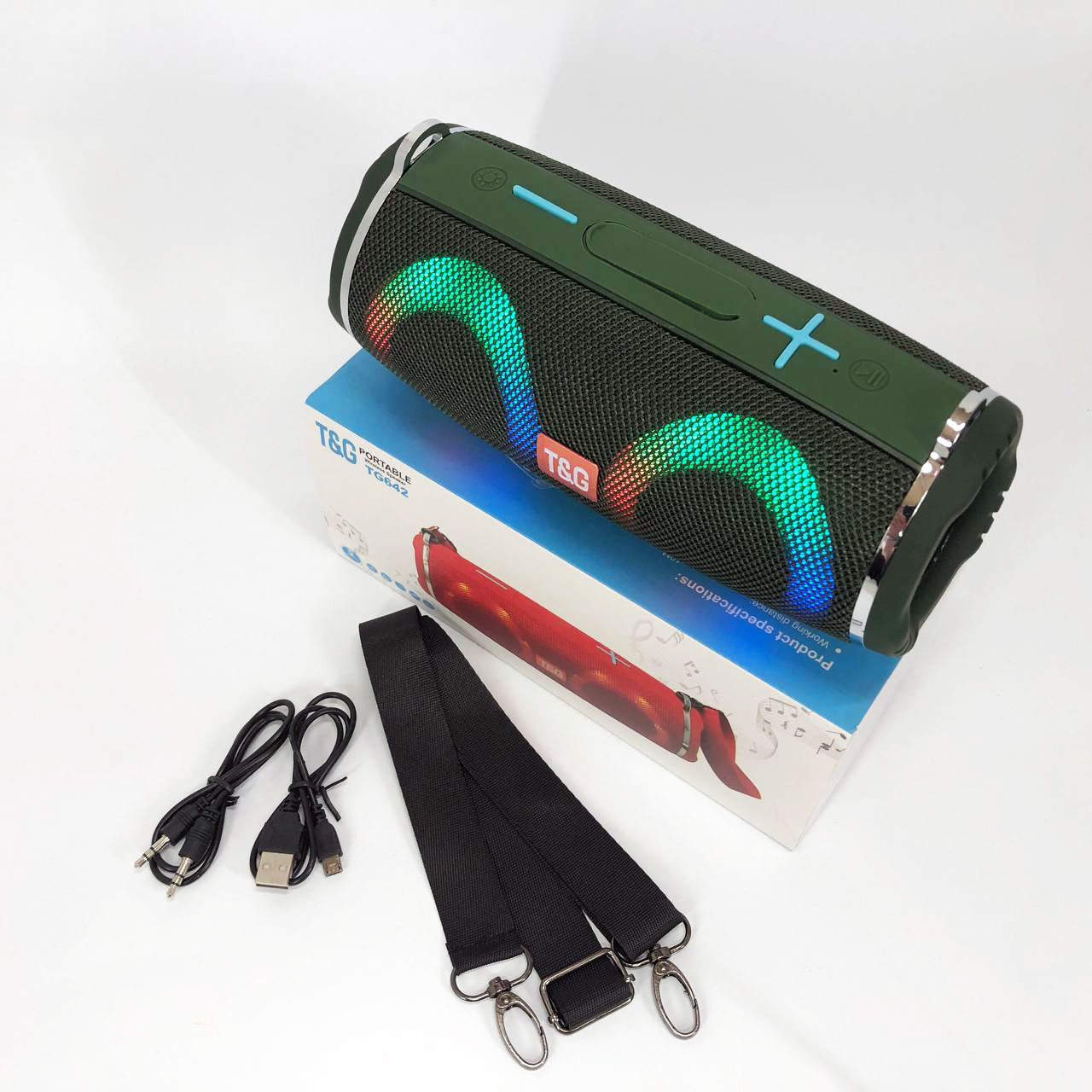 Портативная колонка TG642 с RGB подсветкой и ремешком, громкая блютуз колонка. Цвет: зеленый