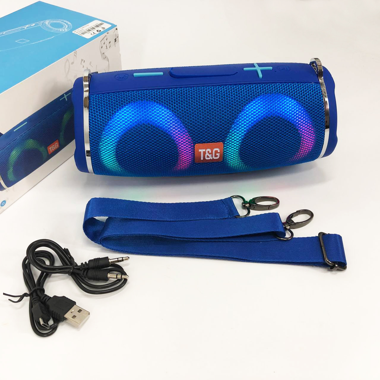 Портативная колонка TG642 с RGB подсветкой и ремешком, аккумуляторная колонка для музыки. Цвет: синий