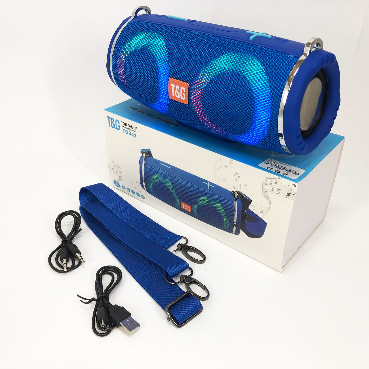 Портативная колонка TG642 с RGB подсветкой и ремешком, аккумуляторная колонка для музыки. Цвет: синий