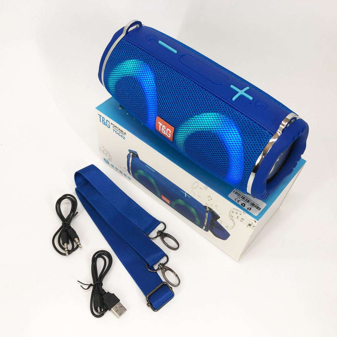 Портативная колонка TG642 с RGB подсветкой и ремешком, аккумуляторная колонка для музыки. Цвет: синий