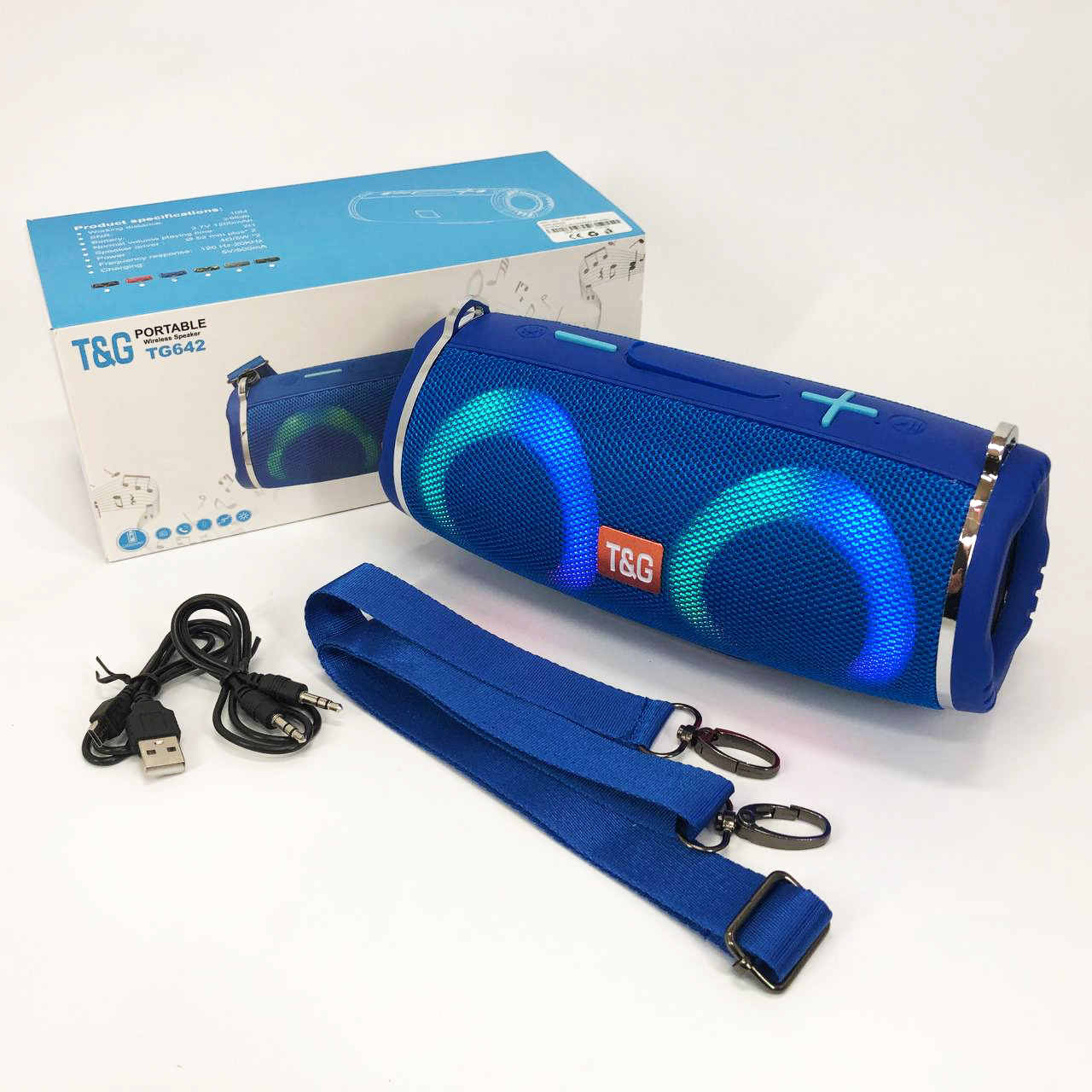 Портативная колонка TG642 с RGB подсветкой и ремешком, аккумуляторная колонка для музыки. Цвет: синий