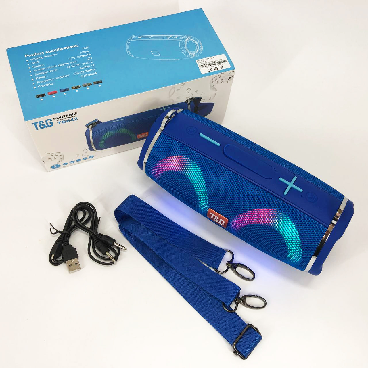 Портативная колонка TG642 с RGB подсветкой и ремешком, аккумуляторная колонка для музыки. Цвет: синий
