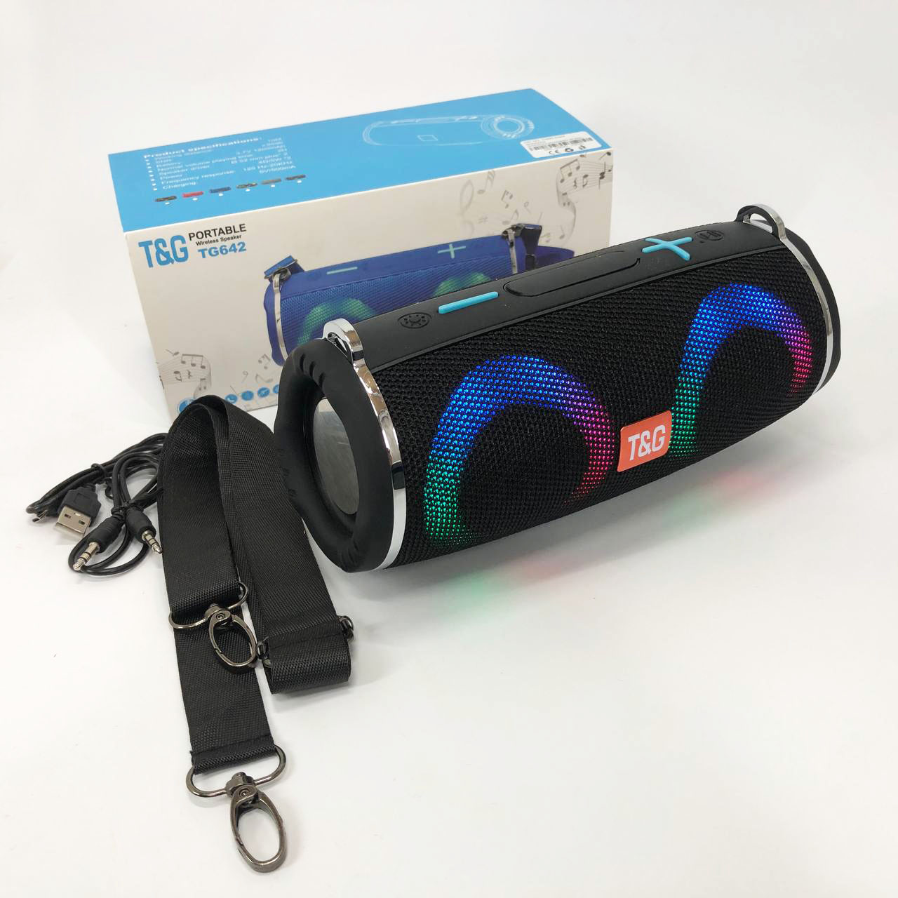 Портативная колонка TG642 с RGB подсветкой и ремешком, аккумуляторная колонка для музыки. Цвет: черный