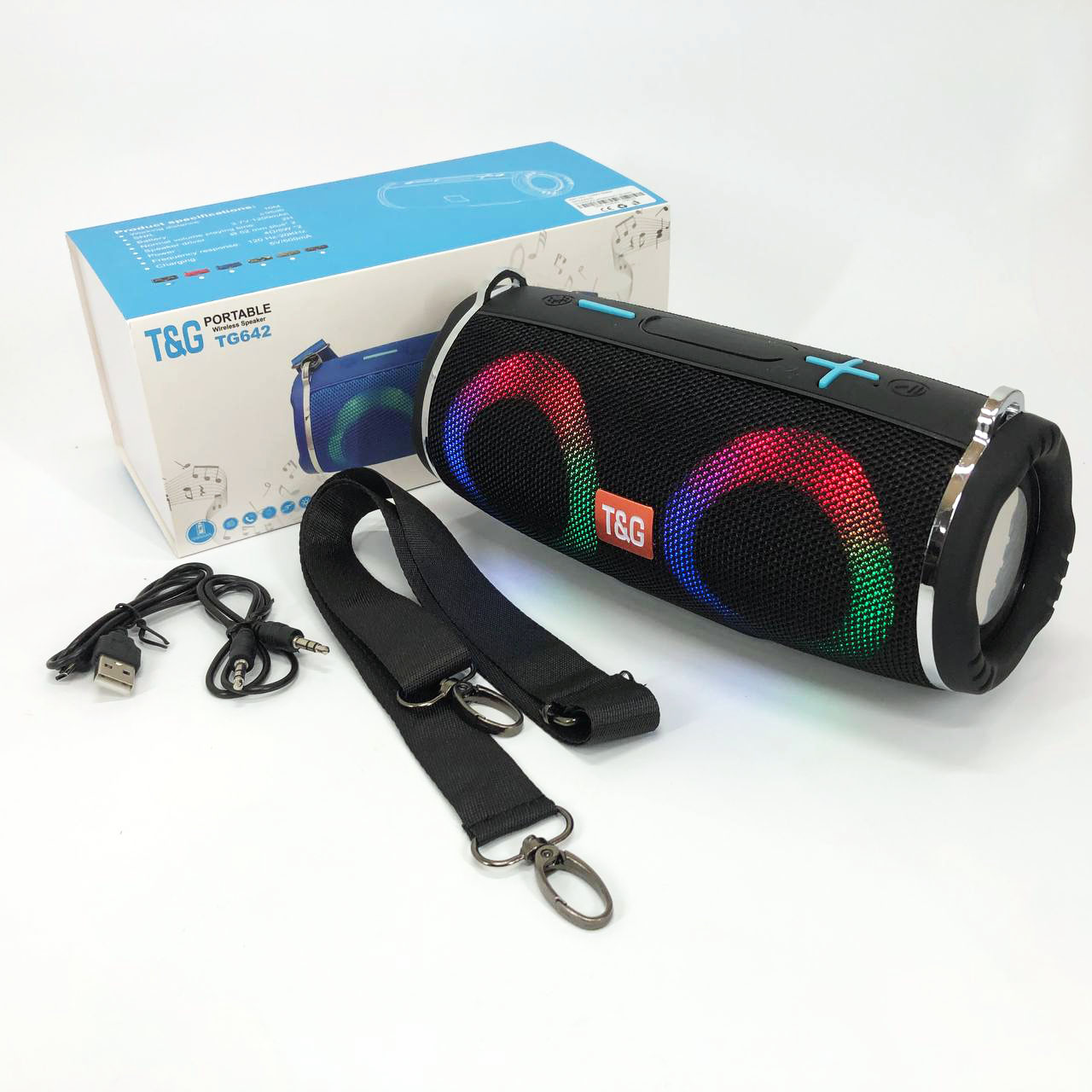 Портативная колонка TG642 с RGB подсветкой и ремешком, аккумуляторная колонка для музыки. Цвет: черный