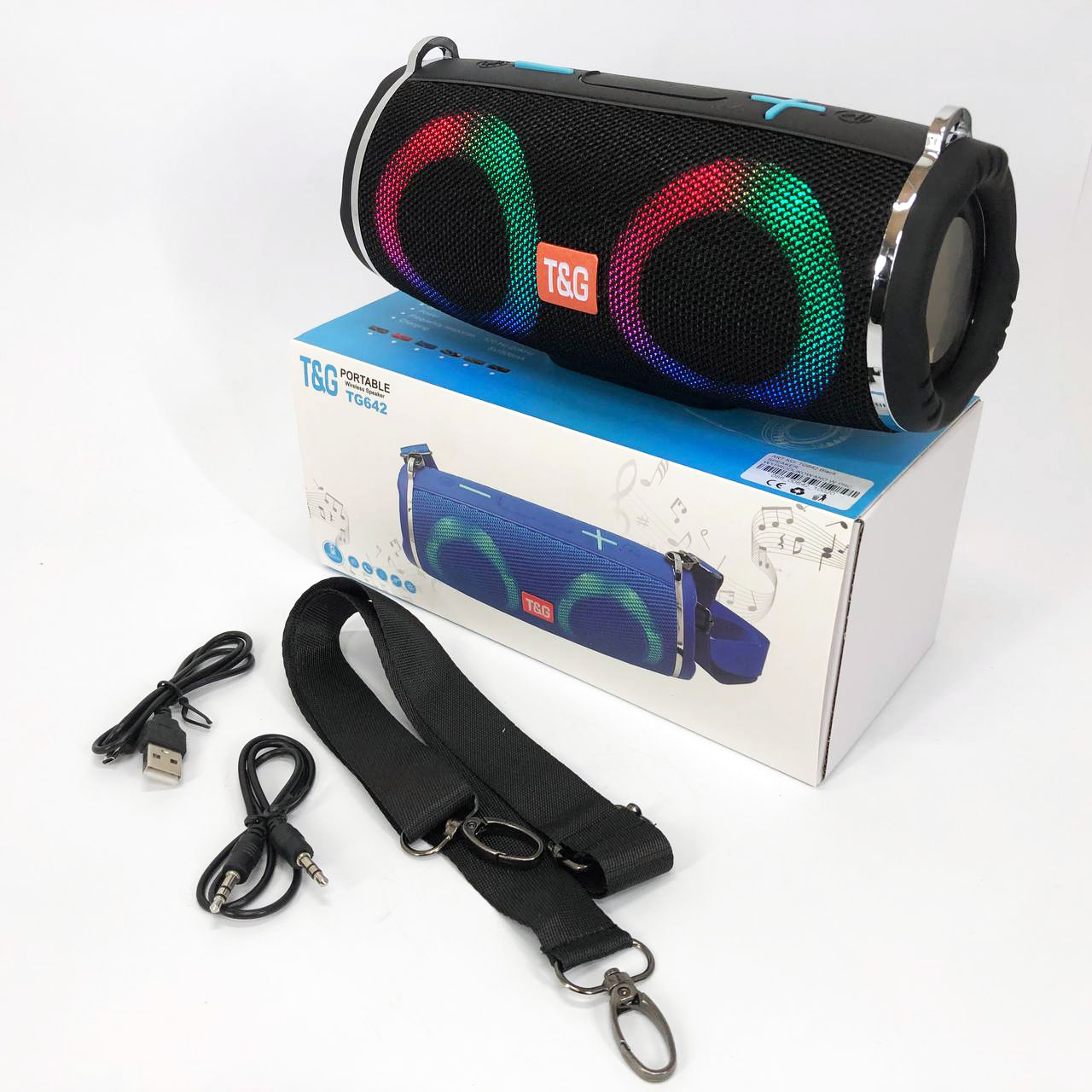 Портативная колонка TG642 с RGB подсветкой и ремешком, аккумуляторная колонка для музыки. Цвет: черный