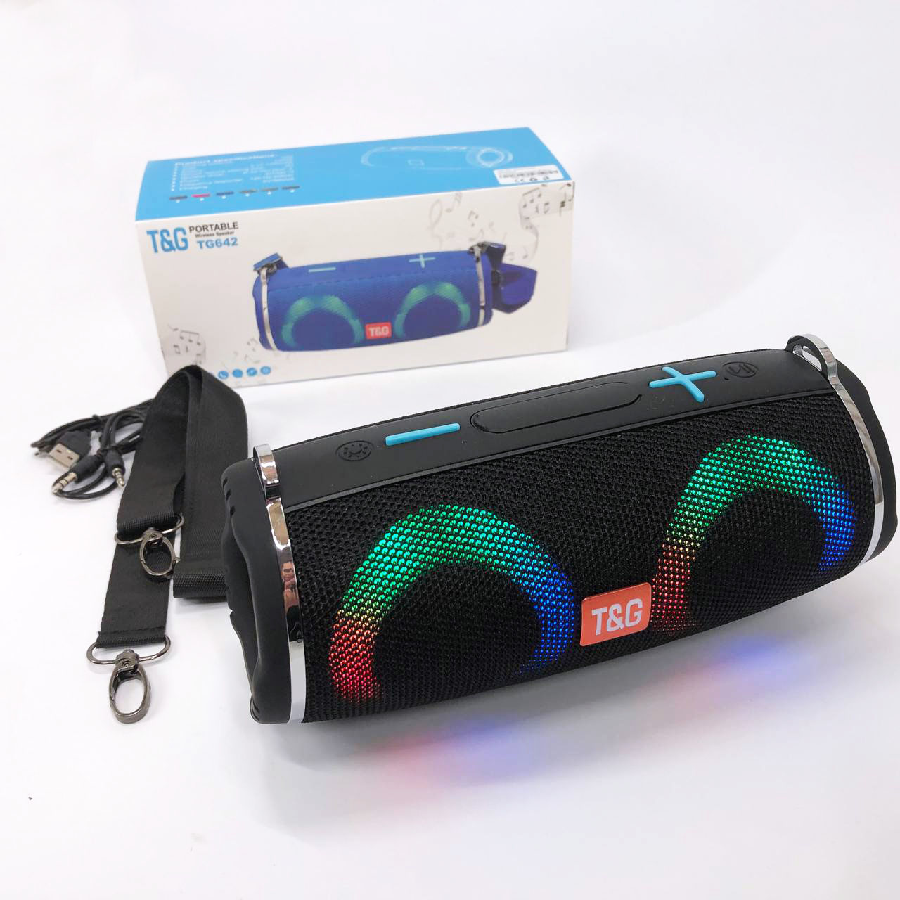 Портативная колонка TG642 с RGB подсветкой и ремешком, аккумуляторная колонка для музыки. Цвет: черный