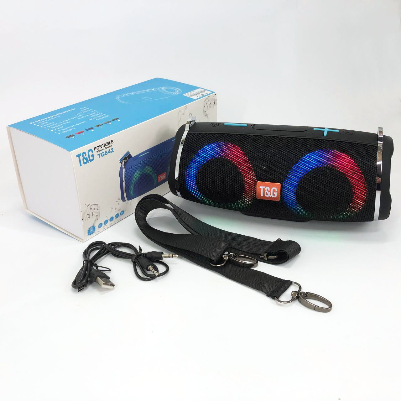 Портативная колонка TG642 с RGB подсветкой и ремешком, аккумуляторная колонка для музыки. Цвет: черный