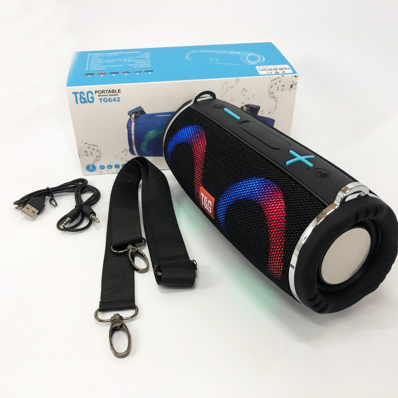 Портативная колонка TG642 с RGB подсветкой и ремешком, аккумуляторная колонка для музыки. Цвет: черный