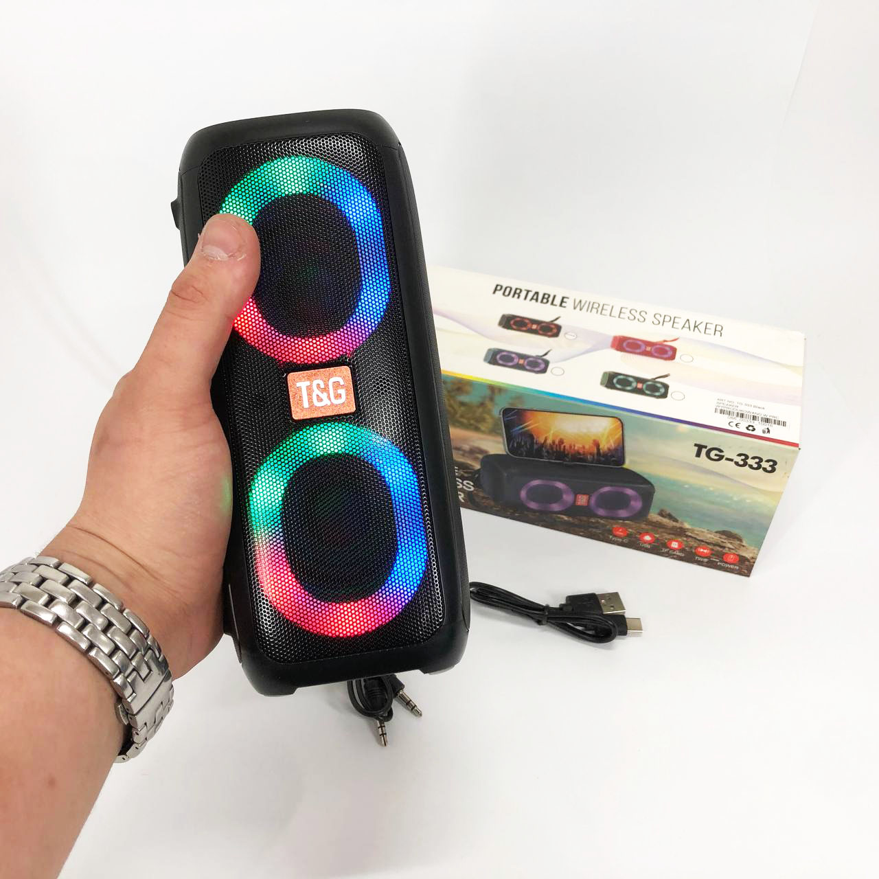Портативная колонка TG333 2x5W с RGB подсветкой, громкая блютуз колонка. Цвет: черный