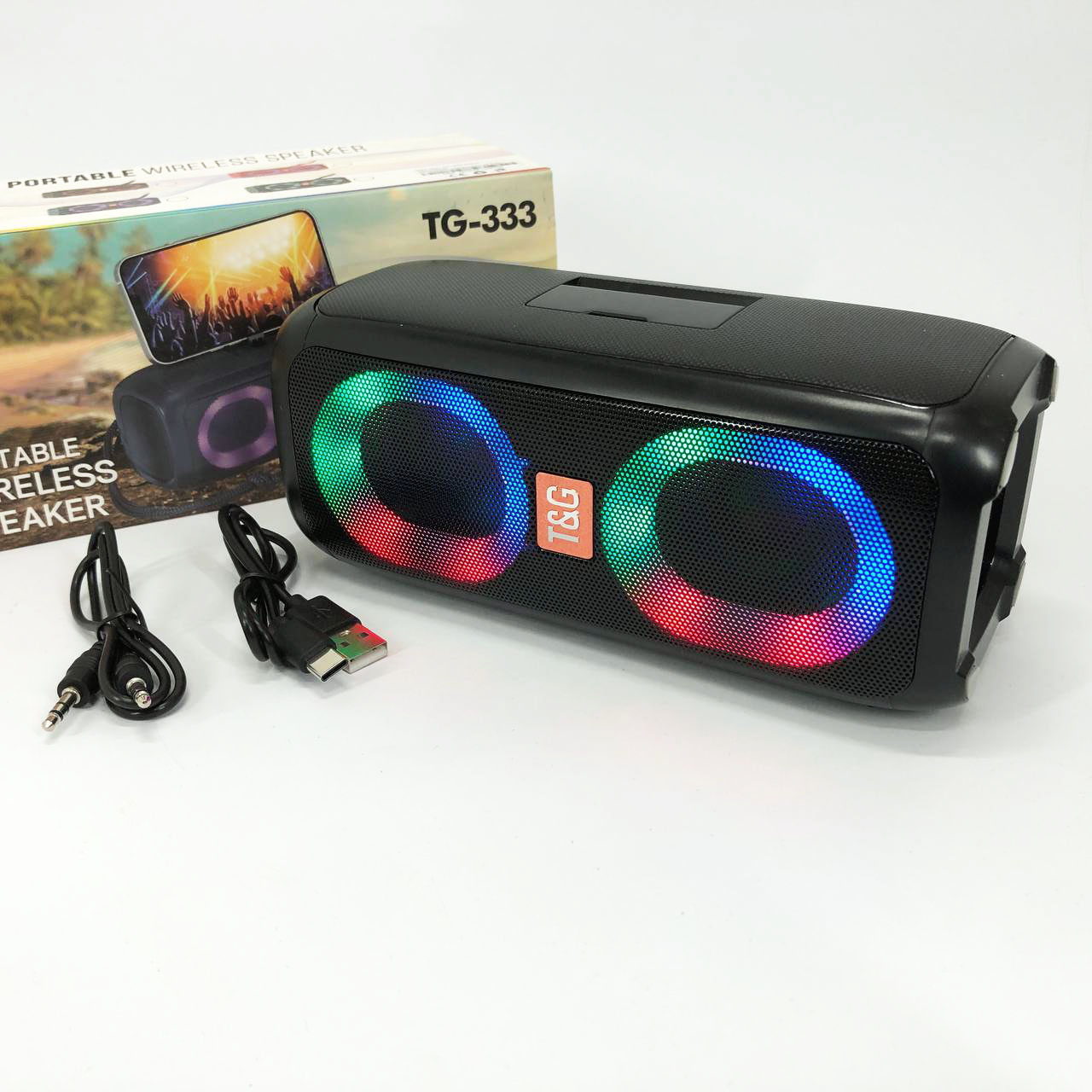 Портативная колонка TG333 2x5W с RGB подсветкой, громкая блютуз колонка. Цвет: черный