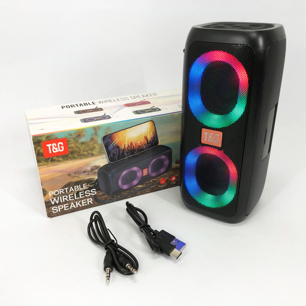 Портативная колонка TG333 2x5W с RGB подсветкой, громкая блютуз колонка. Цвет: черный