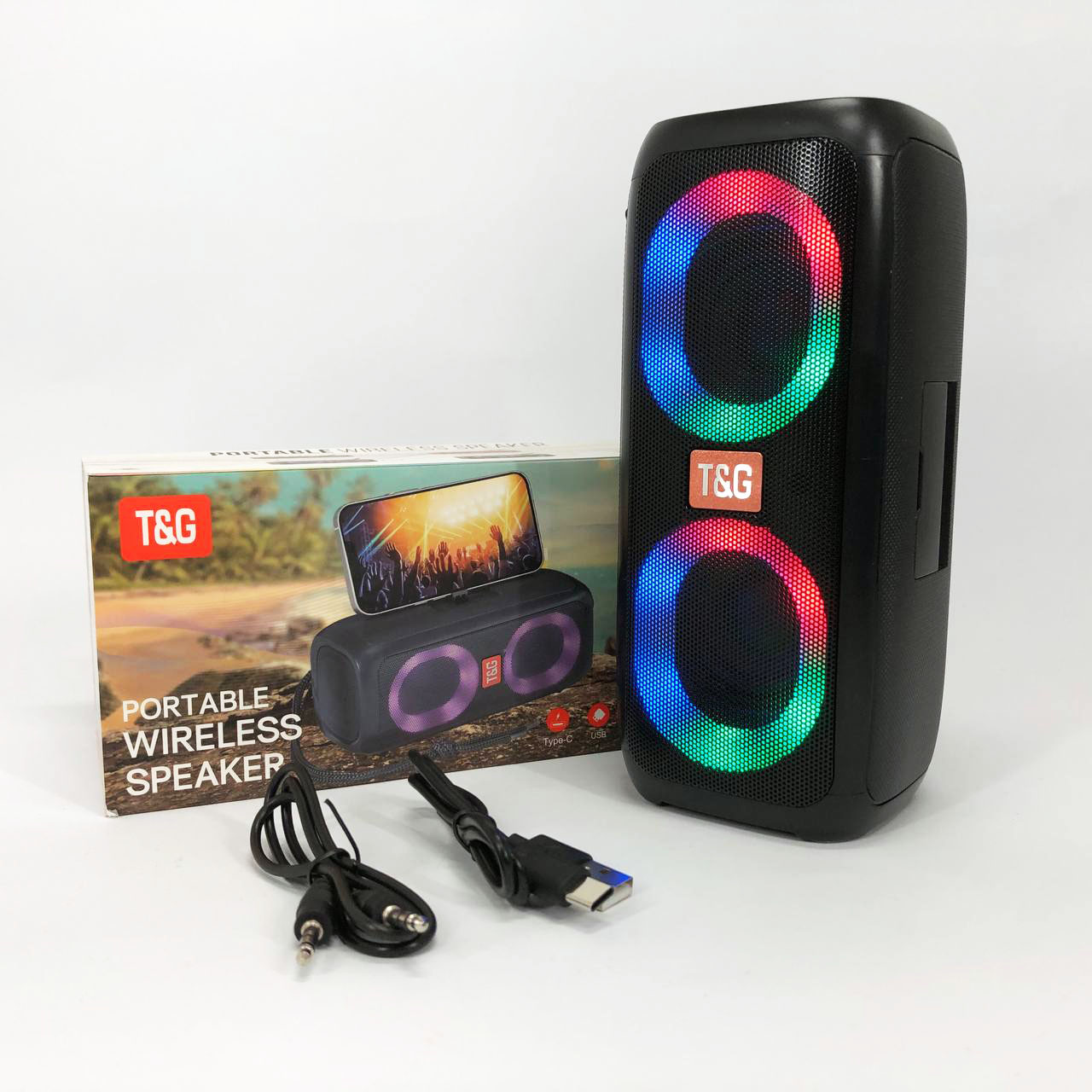 Портативная колонка TG333 2x5W с RGB подсветкой, громкая блютуз колонка. Цвет: черный