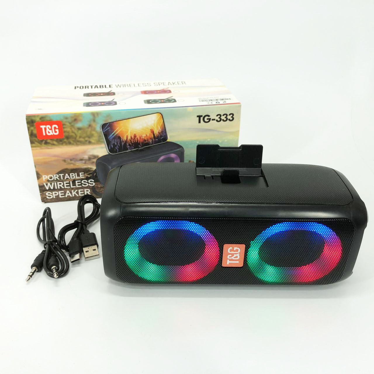 Портативная колонка TG333 2x5W с RGB подсветкой, громкая блютуз колонка. Цвет: черный