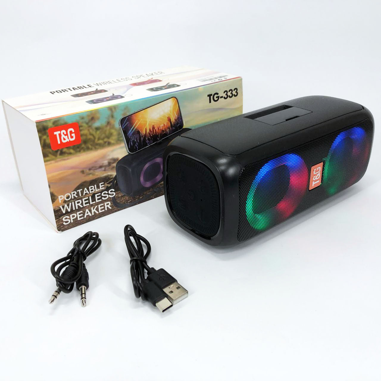 Портативная колонка TG333 2x5W с RGB подсветкой, громкая блютуз колонка. Цвет: черный