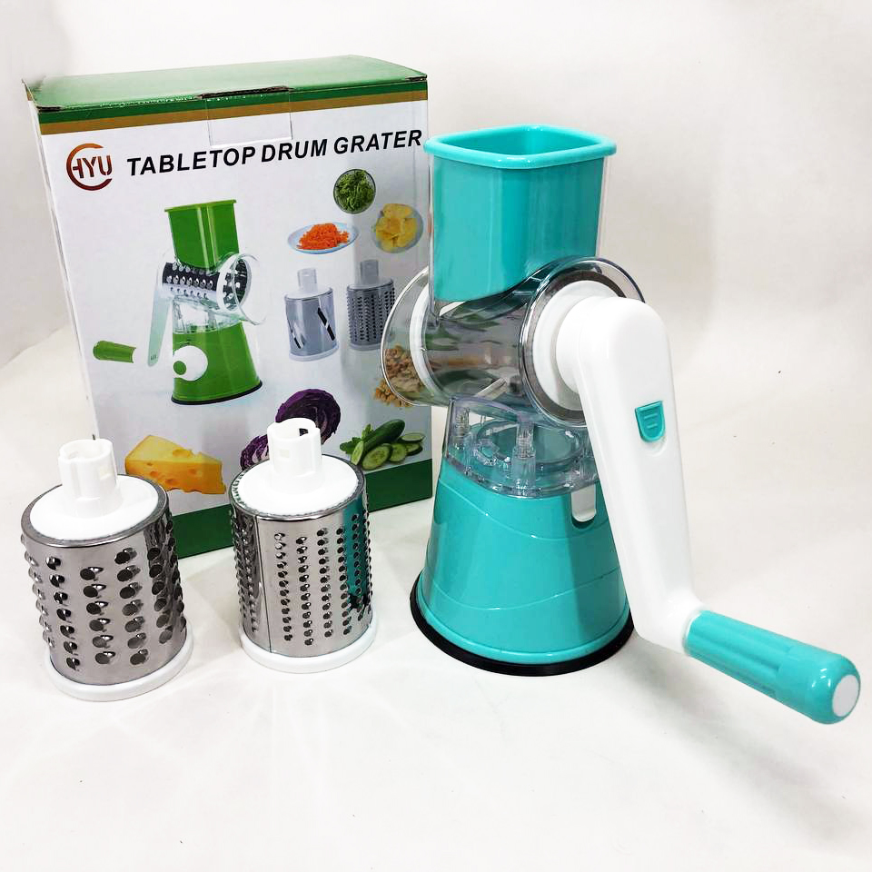 Овощерезка мультислайсер Tabletop Drum Grater Kitchen Master Терка для овощей и фруктов 3 насадки. Цвет: голубой