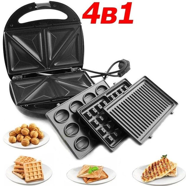 Мультимейкер 4 В 1 Crownberg CB-1074 750Вт Гриль Сендвичница Вафельница Орешница